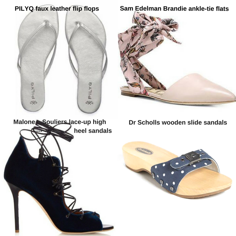 Flip-flops, ankle-tie flats, lace-up high heel sandals, wooden slides from StyleWatch magazine June/July 2017 Tips on how to wear summer shoes in comfort
