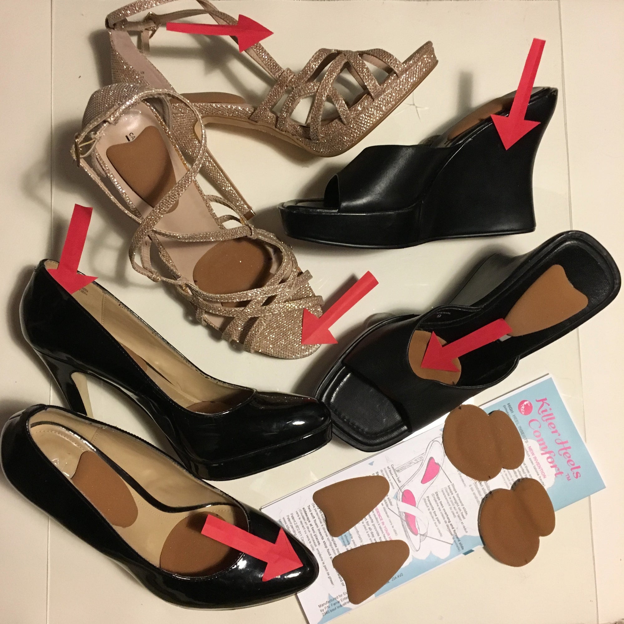 Three pairs of high heels shoes , sandals, mules and pumps demonstrating six pain points in heels