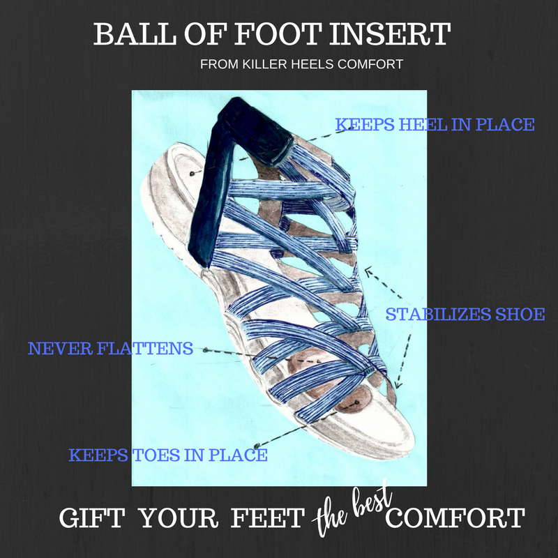 ball of foot insert features keeps heel in place, stabilizes shoe, keeps toes in place and never flattens