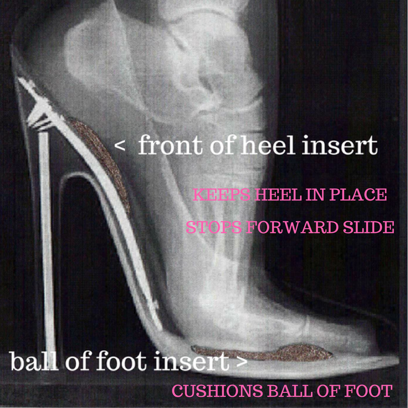 high heel shoe insert & ball of foot insert, cushions ball of foot, stops forward slide, keeps heel in place